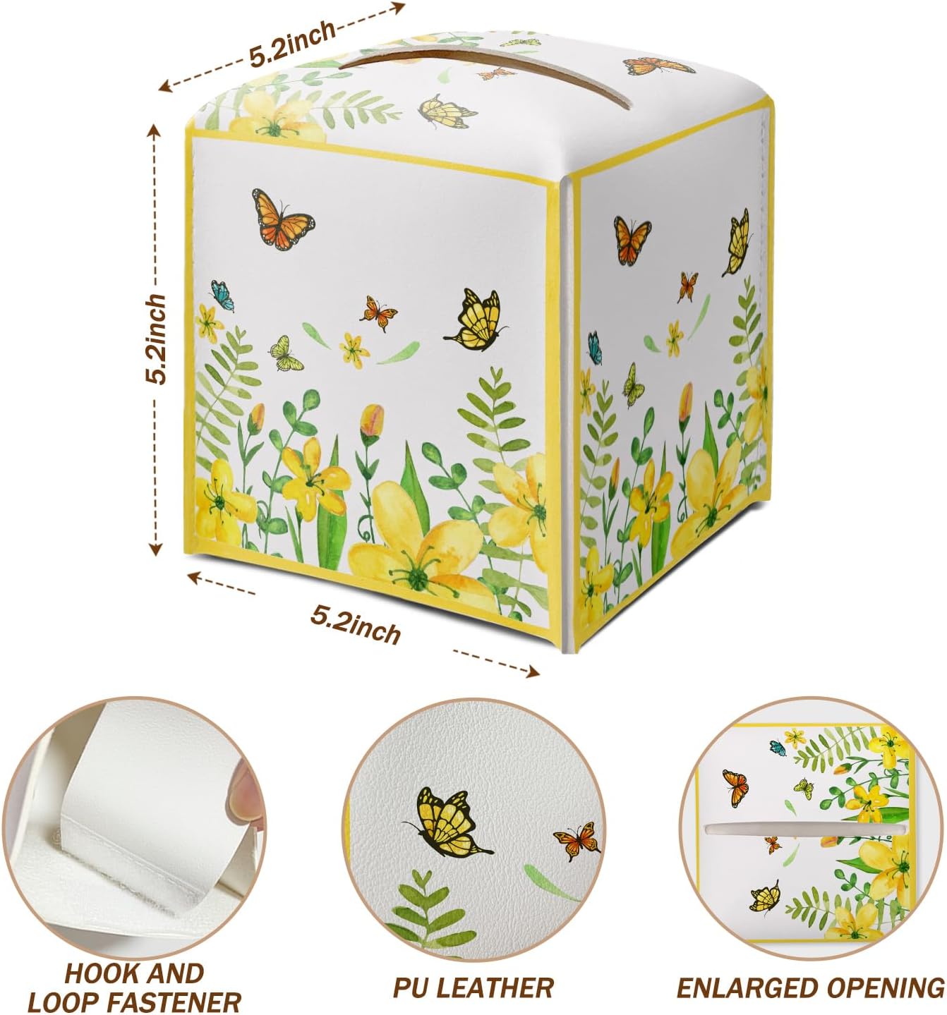 Yellow Floral Butterfly Tissue Box Cover Square with Bottom Belt, Leather Waterproof Tissue Holder Facial Paper Case for Tabletop Home Office Bathroom Car Decor -06