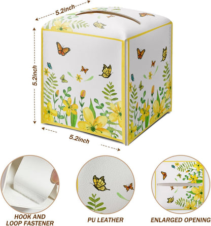 Yellow Floral Butterfly Tissue Box Cover Square with Bottom Belt, Leather Waterproof Tissue Holder Facial Paper Case for Tabletop Home Office Bathroom Car Decor -06