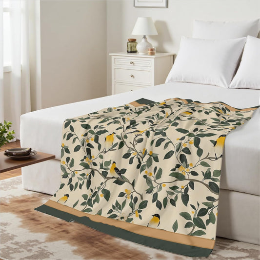 Birds Blanket Throw - Green and Yellow Vintage Warm Reversible Flannel Blankets 50x60 Inches, Yellow Floral Soft Cozy Farmhouse Nature Decor Couch Blanket for Home Living Sofa Bed
