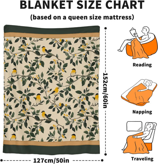 Birds Blanket Throw - Green and Yellow Vintage Warm Reversible Flannel Blankets 50x60 Inches, Yellow Floral Soft Cozy Farmhouse Nature Decor Couch Blanket for Home Living Sofa Bed
