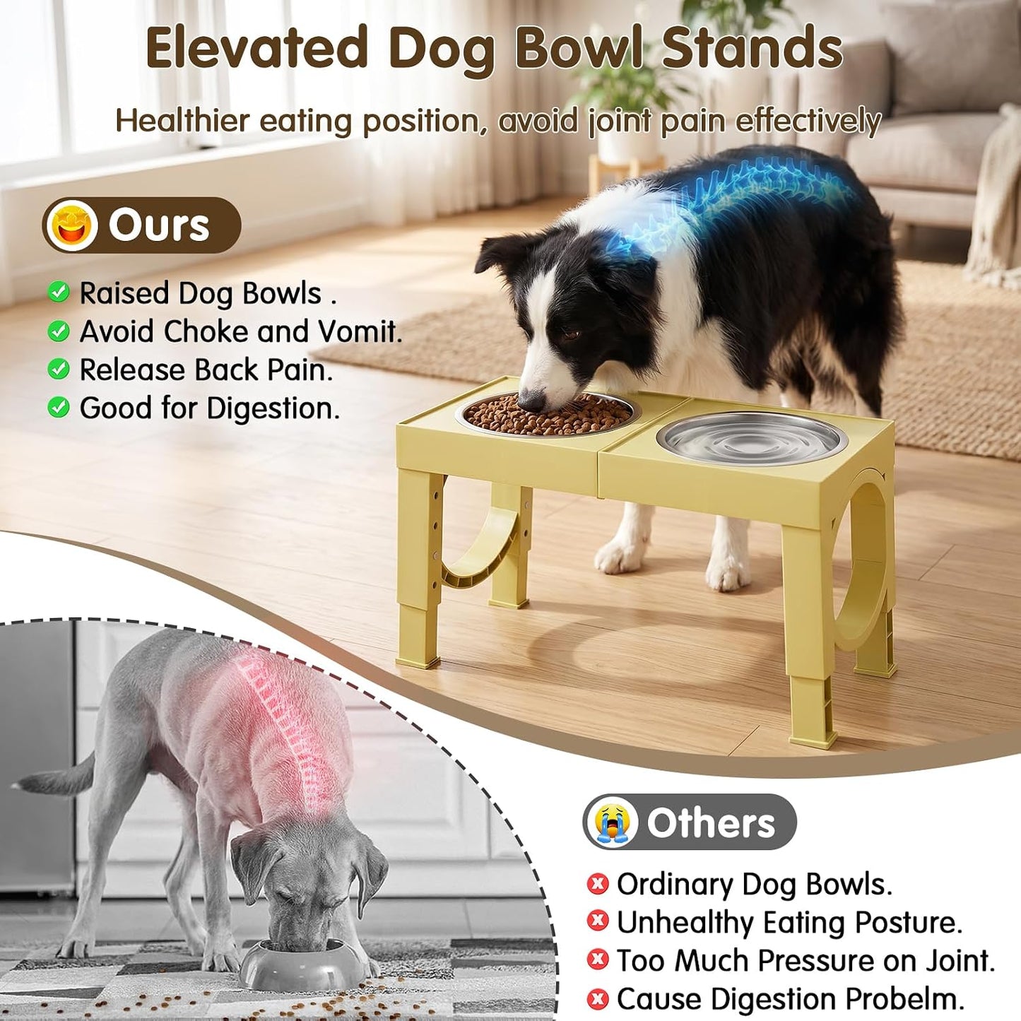 XIAZ Elevated Dog Bowls Large Breed Raised Dogs Bowl Stand Large/Medium Sized Dog Stainless Steel Food Water Bowl Stands 5 Heights Adjustable 9/11/12/15in Pet Feeder Dish Station