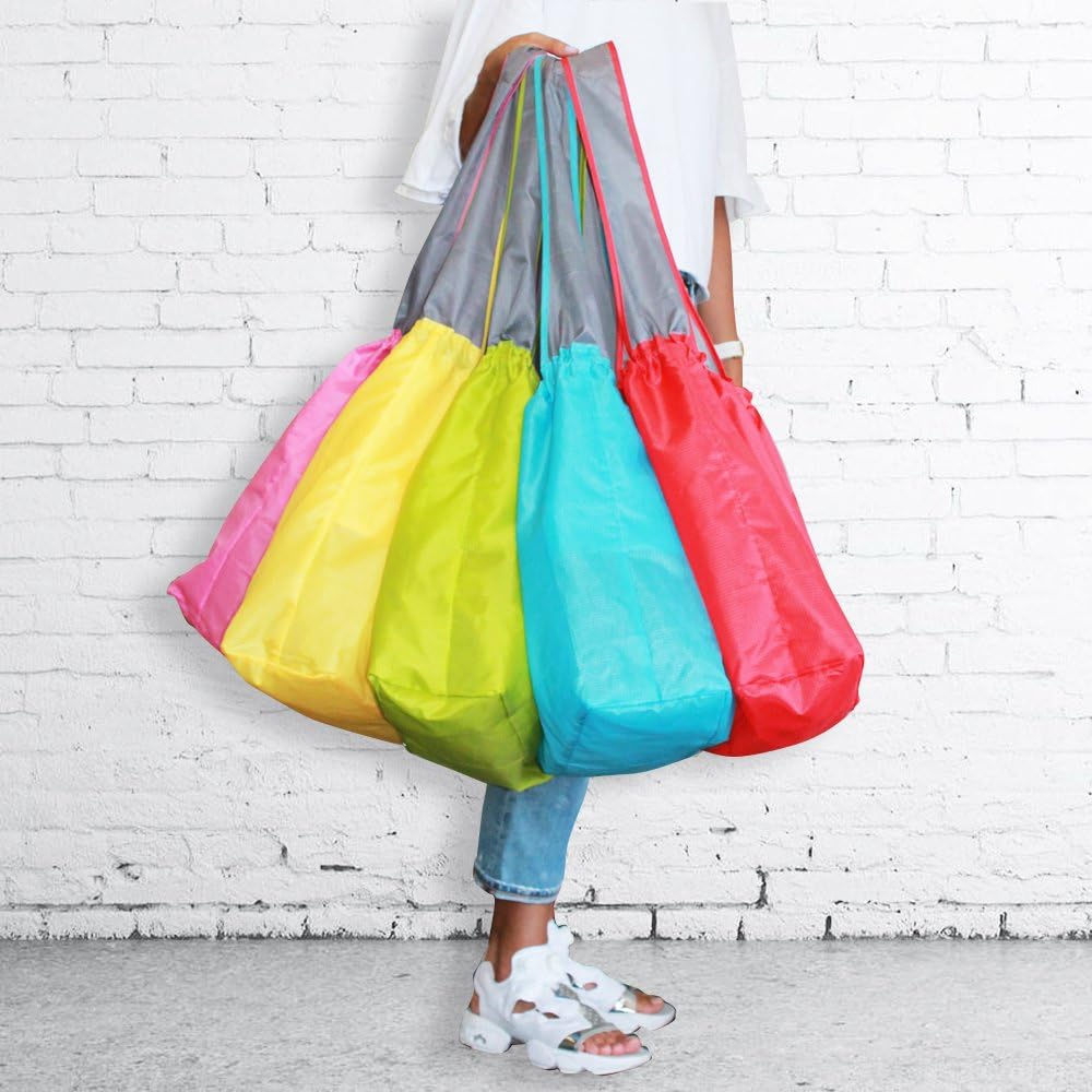 1 Pack Ripstop Nylon Foldable Reusable Grocery Shopping Bag with Pouch & Inner Pocket, Draw-String