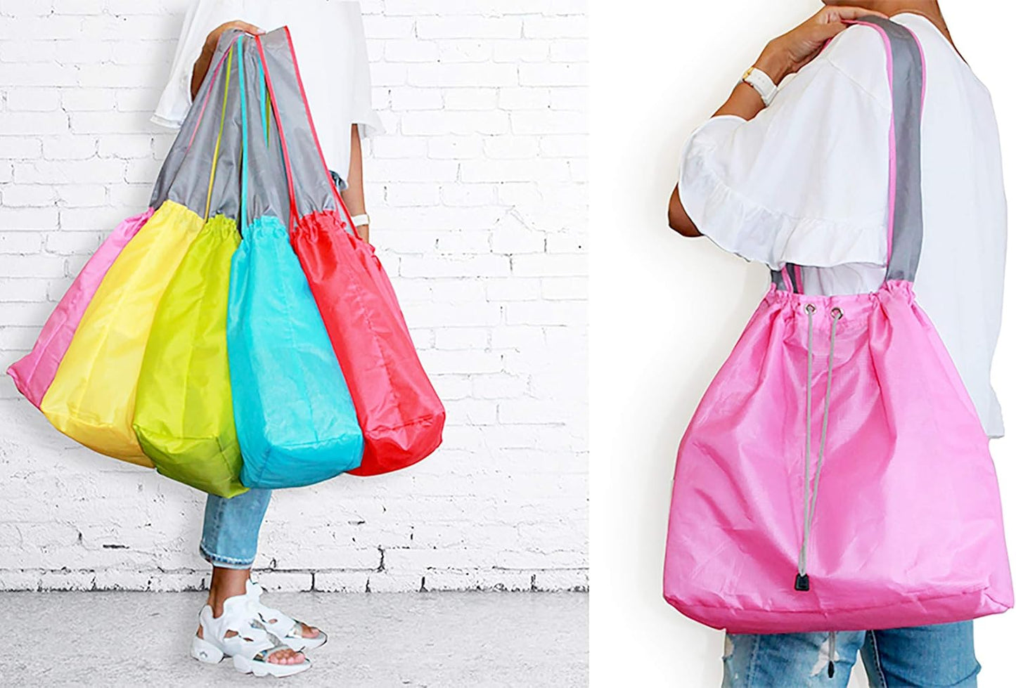 1 Pack Ripstop Nylon Foldable Reusable Grocery Shopping Bag with Pouch & Inner Pocket, Draw-String