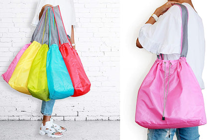 1 Pack Ripstop Nylon Foldable Reusable Grocery Shopping Bag with Pouch & Inner Pocket, Draw-String