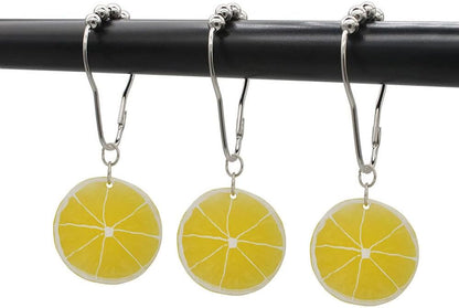 12Pcs Yellow Lemon Shower Curtain Hooks for Bathroom, Rustproof Stainless Steel Decorative Shower Curtain Rings with Simulated Lemon Slice Pendant for Fruit Summer Theme Bathroom Decor (A)
