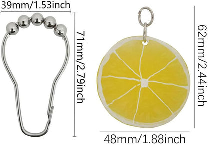 12Pcs Yellow Lemon Shower Curtain Hooks for Bathroom, Rustproof Stainless Steel Decorative Shower Curtain Rings with Simulated Lemon Slice Pendant for Fruit Summer Theme Bathroom Decor (A)