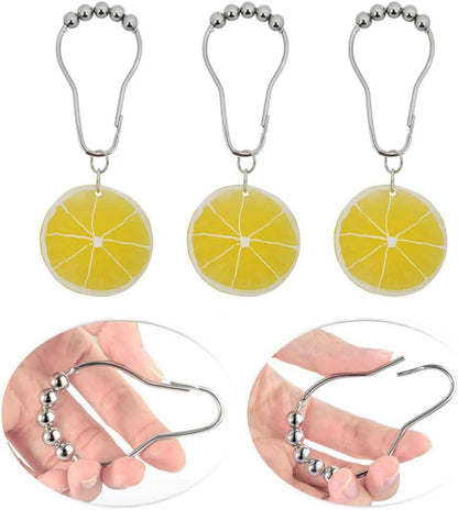 12Pcs Yellow Lemon Shower Curtain Hooks for Bathroom, Rustproof Stainless Steel Decorative Shower Curtain Rings with Simulated Lemon Slice Pendant for Fruit Summer Theme Bathroom Decor (A)