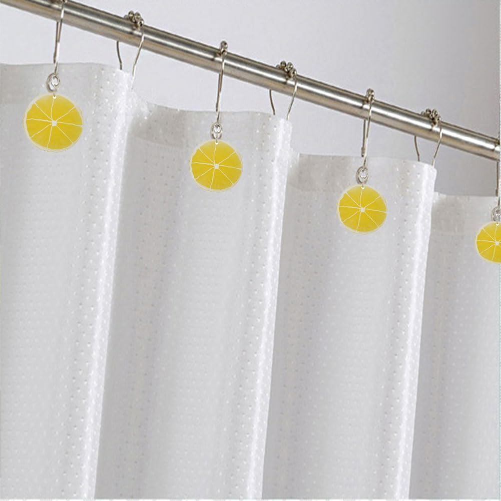 12Pcs Yellow Lemon Shower Curtain Hooks for Bathroom, Rustproof Stainless Steel Decorative Shower Curtain Rings with Simulated Lemon Slice Pendant for Fruit Summer Theme Bathroom Decor (A)