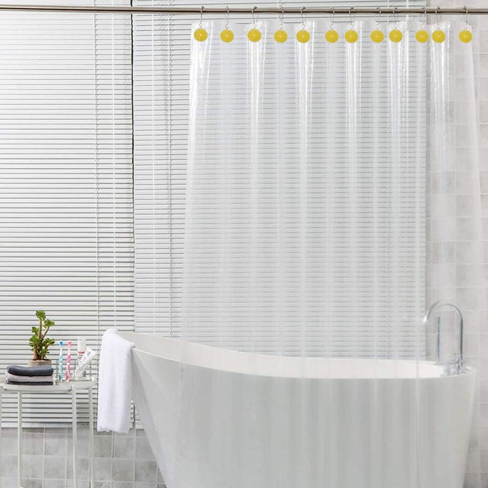 12Pcs Yellow Lemon Shower Curtain Hooks for Bathroom, Rustproof Stainless Steel Decorative Shower Curtain Rings with Simulated Lemon Slice Pendant for Fruit Summer Theme Bathroom Decor (A)