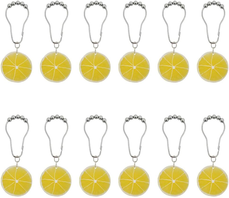 12Pcs Yellow Lemon Shower Curtain Hooks for Bathroom, Rustproof Stainless Steel Decorative Shower Curtain Rings with Simulated Lemon Slice Pendant for Fruit Summer Theme Bathroom Decor (A)