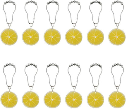 12Pcs Yellow Lemon Shower Curtain Hooks for Bathroom, Rustproof Stainless Steel Decorative Shower Curtain Rings with Simulated Lemon Slice Pendant for Fruit Summer Theme Bathroom Decor (A)