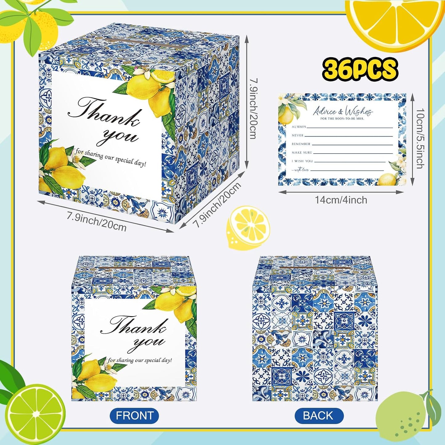 37 Pcs Lemon Advice and Wishes Cards for the Mr and Mrs Amalfi Coast Paper Blessing Collection Box Mediterranean Wedding Party Favors Bridal Shower Gift for Reception Engagement Decoration