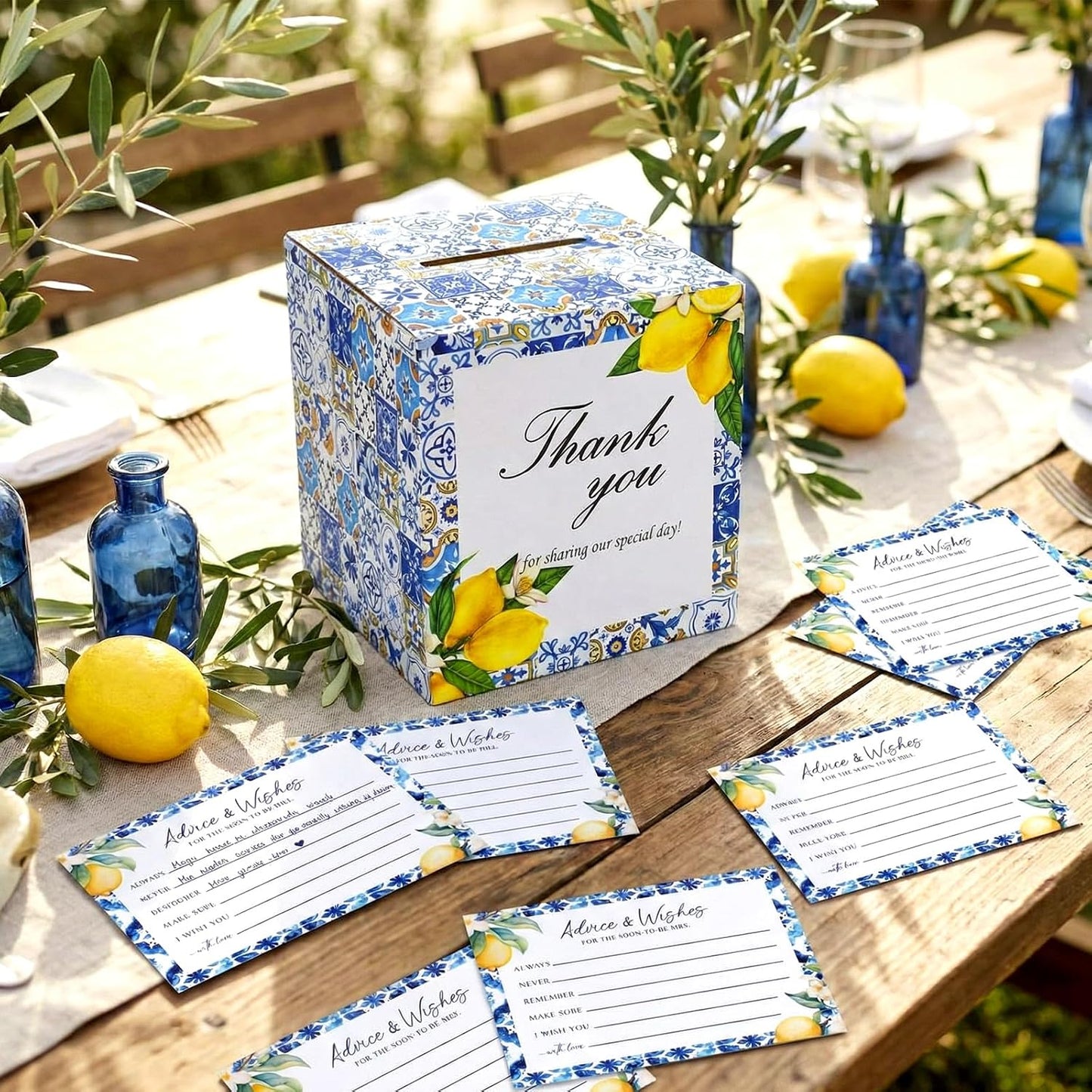 37 Pcs Lemon Advice and Wishes Cards for the Mr and Mrs Amalfi Coast Paper Blessing Collection Box Mediterranean Wedding Party Favors Bridal Shower Gift for Reception Engagement Decoration