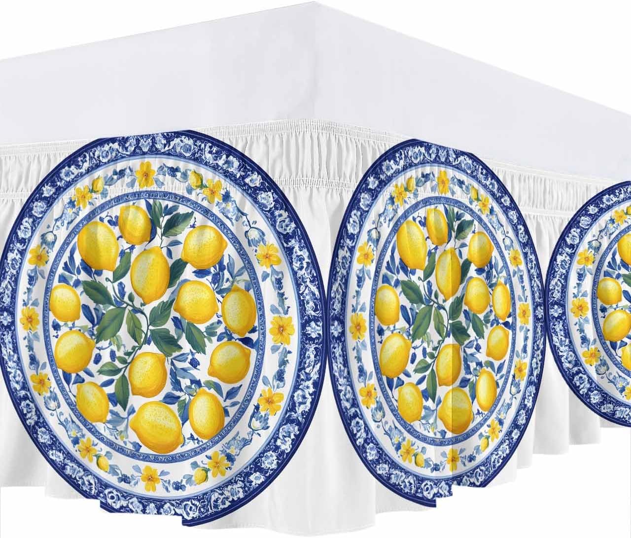Bed Skirt Yellow Lemons Navy Blue Floral Texture Ruffle Bed Skirt Wrap Around Bed Skirts for Queen Beds 16" Drop,Adjustable Elastic Dust Ruffles Easy Fit and Wrinkle-Free