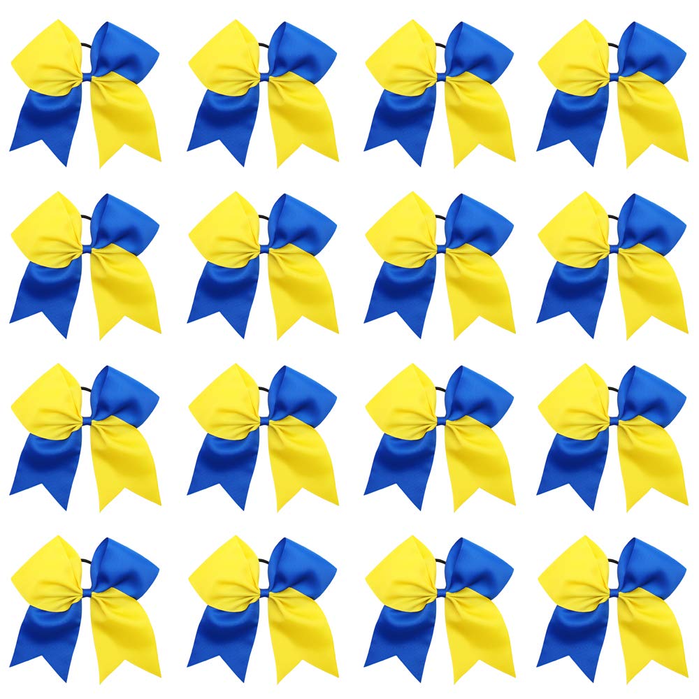16PCS 8" Large Cheer Hair Bows Ponytail Holder Elastic Band Handmade for Cheerleading Teen Girls College Sports (Royal Blue/Yellow, 1 Count (Pack of 16))