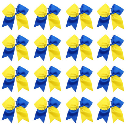 16PCS 8" Large Cheer Hair Bows Ponytail Holder Elastic Band Handmade for Cheerleading Teen Girls College Sports (Royal Blue/Yellow, 1 Count (Pack of 16))