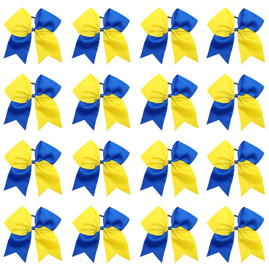 16PCS 8" Large Cheer Hair Bows Ponytail Holder Elastic Band Handmade for Cheerleading Teen Girls College Sports (Royal Blue/Yellow, 1 Count (Pack of 16))