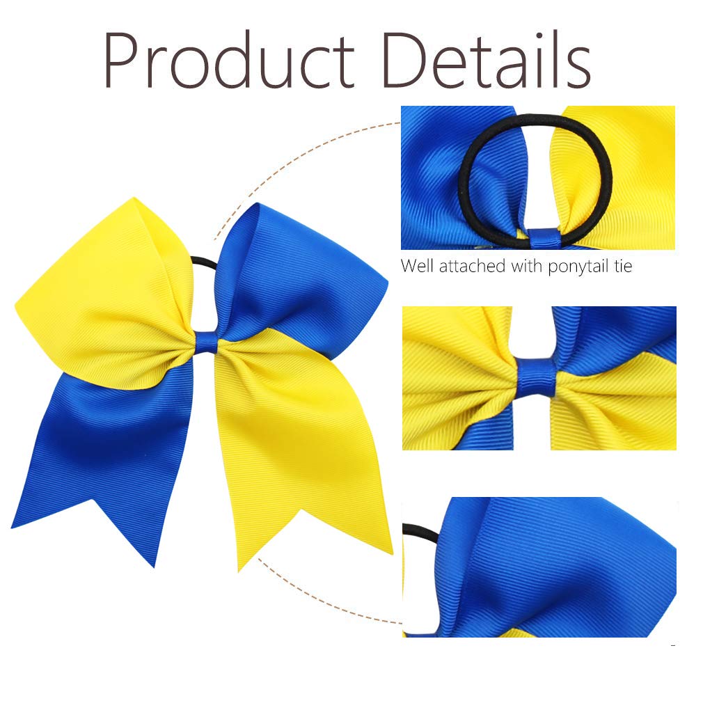 16PCS 8" Large Cheer Hair Bows Ponytail Holder Elastic Band Handmade for Cheerleading Teen Girls College Sports (Royal Blue/Yellow, 1 Count (Pack of 16))