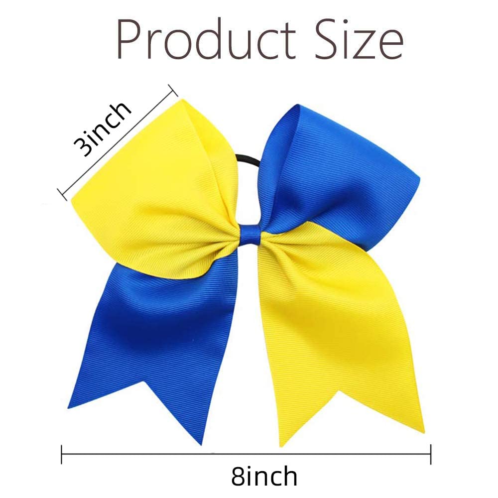 16PCS 8" Large Cheer Hair Bows Ponytail Holder Elastic Band Handmade for Cheerleading Teen Girls College Sports (Royal Blue/Yellow, 1 Count (Pack of 16))