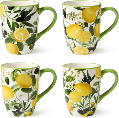 Limone Set of 4 Ceramic Mugs 14 oz. - Assorted Lemon-Themed Designs, Durable, Shatterproof, and Dishwasher-Safe Coffee Cups for Everyday Use and Entertaining
