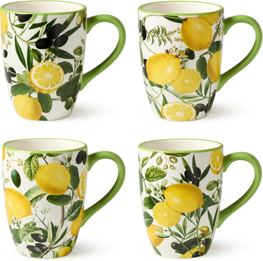 Limone Set of 4 Ceramic Mugs 14 oz. - Assorted Lemon-Themed Designs, Durable, Shatterproof, and Dishwasher-Safe Coffee Cups for Everyday Use and Entertaining