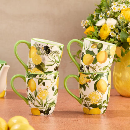 Limone Set of 4 Ceramic Mugs 14 oz. - Assorted Lemon-Themed Designs, Durable, Shatterproof, and Dishwasher-Safe Coffee Cups for Everyday Use and Entertaining