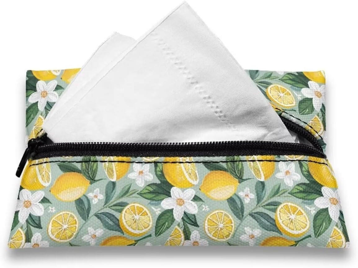 Lemon Print Tissue Holder Pouches Reusable Pocket Tissue Holder for Purse Fabric Purse Zipper Enclosed Tissue Holder for Purse Soft Coins Tissue Pouch for Bag Car Office Home