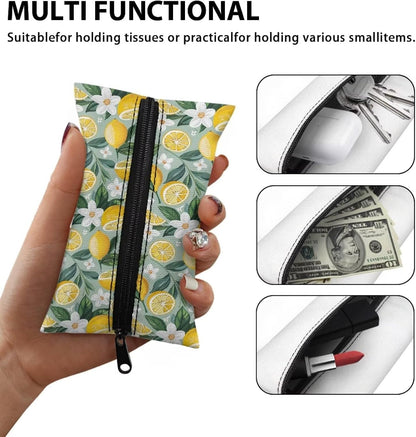 Lemon Print Tissue Holder Pouches Reusable Pocket Tissue Holder for Purse Fabric Purse Zipper Enclosed Tissue Holder for Purse Soft Coins Tissue Pouch for Bag Car Office Home