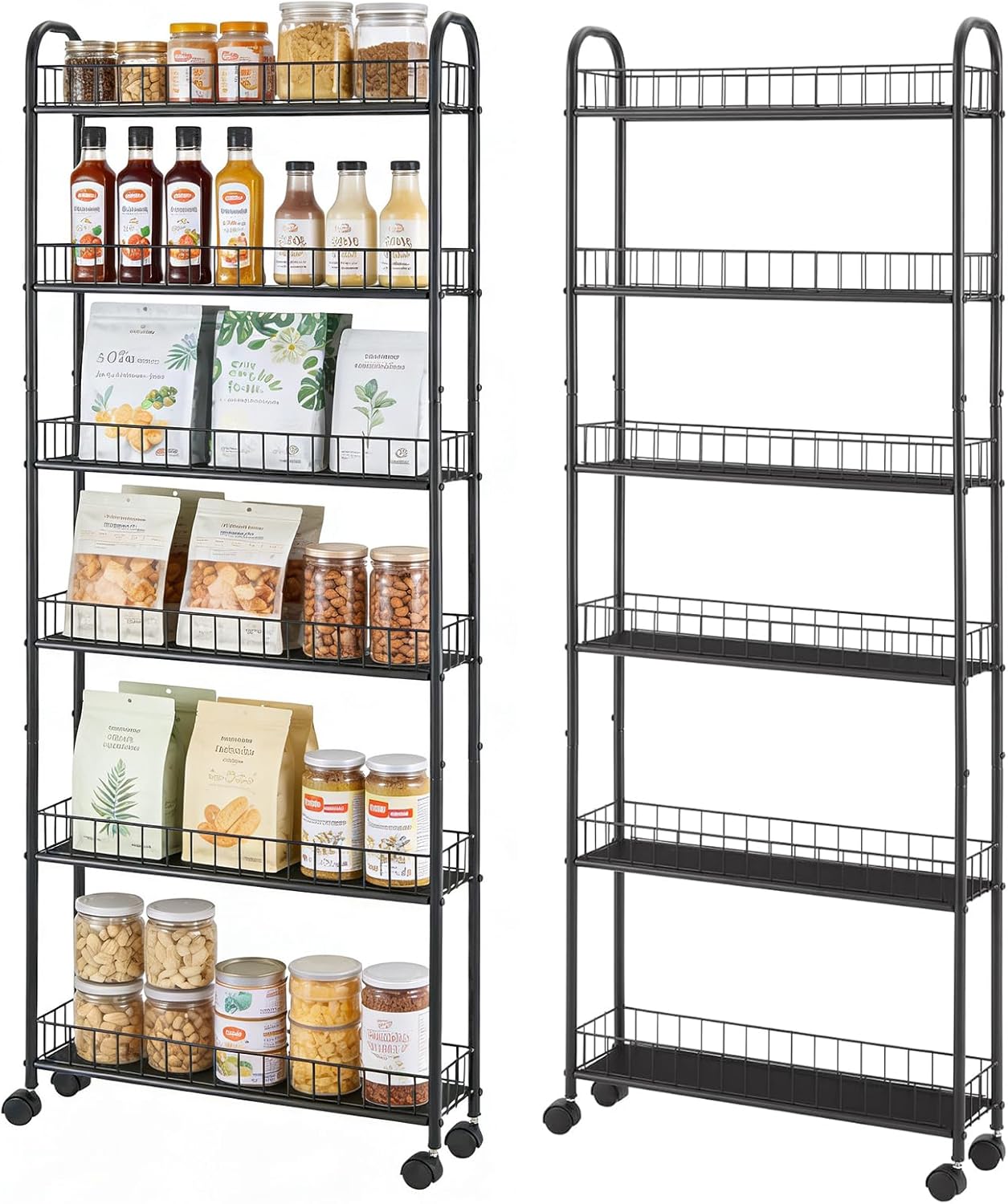 6-Tier Slim Storage Cart with Wheels, Metal 6in Narrow Rolling Shelf, Sturdy Slim Storage with Hooks Ideal for Kitchen, Bathroom, and Laundry Room, Yellow