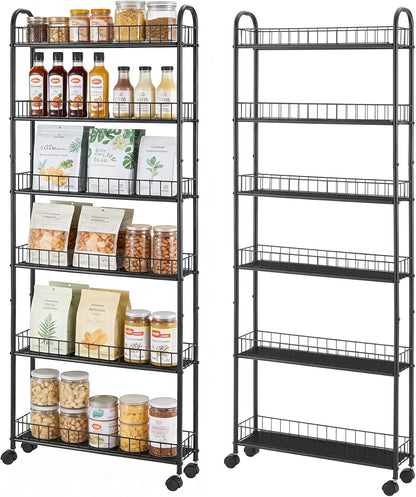 6-Tier Slim Storage Cart with Wheels, Metal 6in Narrow Rolling Shelf, Sturdy Slim Storage with Hooks Ideal for Kitchen, Bathroom, and Laundry Room, Yellow