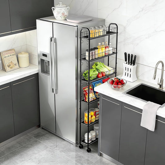 6-Tier Slim Storage Cart with Wheels, Metal 6in Narrow Rolling Shelf, Sturdy Slim Storage with Hooks Ideal for Kitchen, Bathroom, and Laundry Room, Yellow
