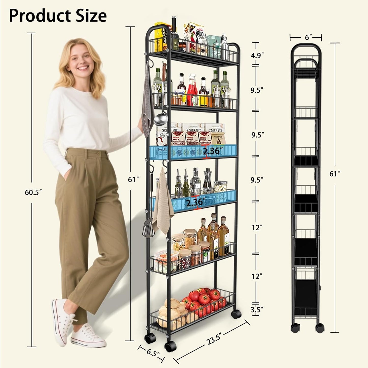 6-Tier Slim Storage Cart with Wheels, Metal 6in Narrow Rolling Shelf, Sturdy Slim Storage with Hooks Ideal for Kitchen, Bathroom, and Laundry Room, Yellow