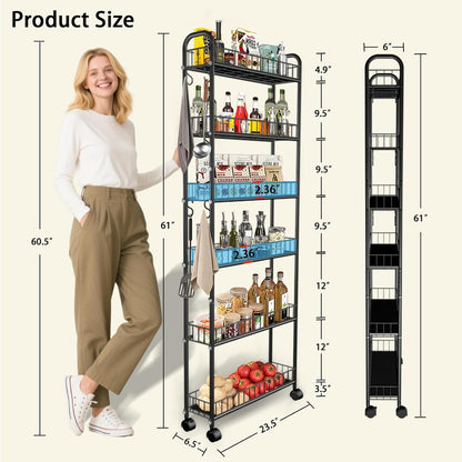 6-Tier Slim Storage Cart with Wheels, Metal 6in Narrow Rolling Shelf, Sturdy Slim Storage with Hooks Ideal for Kitchen, Bathroom, and Laundry Room, Yellow