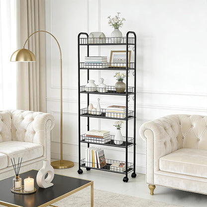 6-Tier Slim Storage Cart with Wheels, Metal 6in Narrow Rolling Shelf, Sturdy Slim Storage with Hooks Ideal for Kitchen, Bathroom, and Laundry Room, Yellow