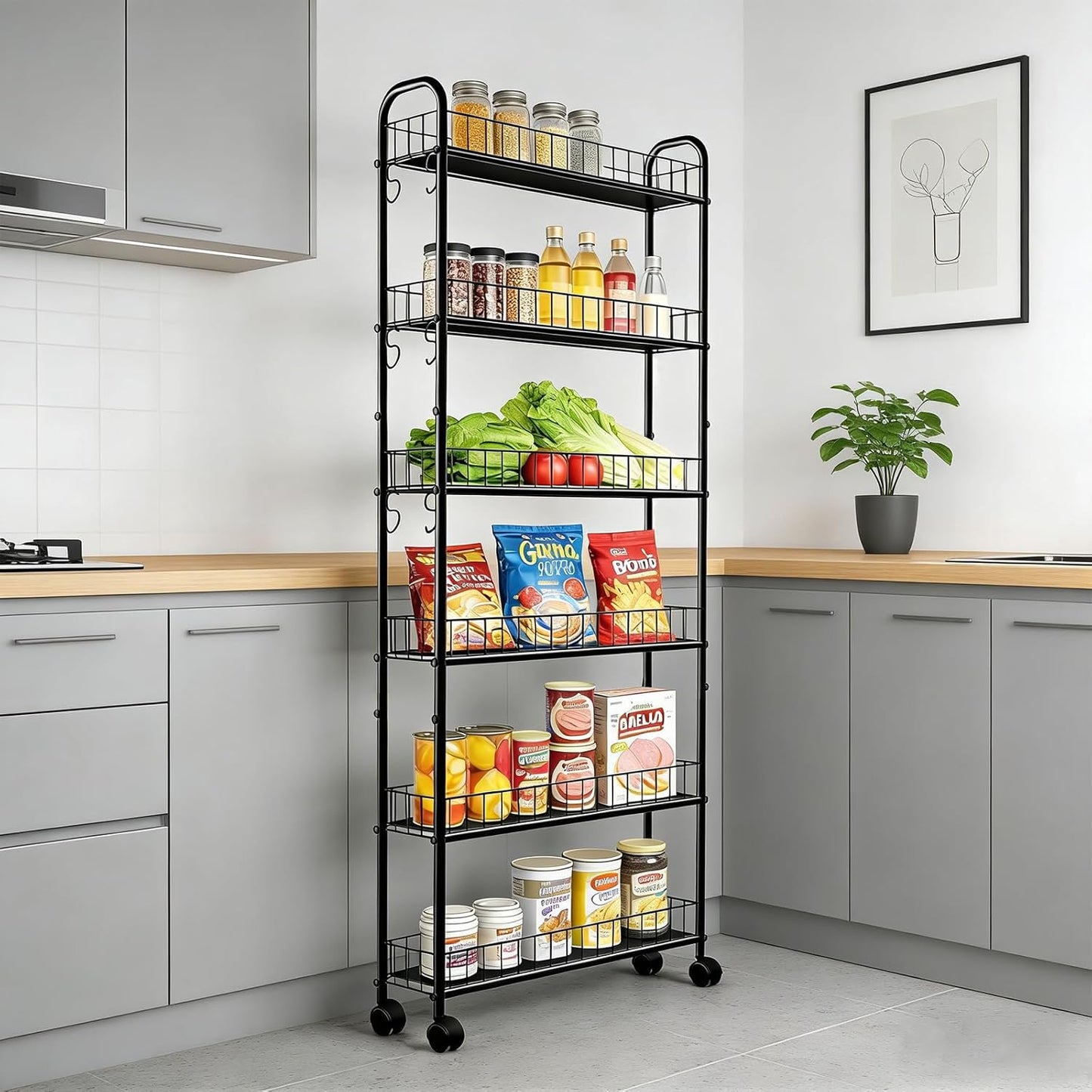6-Tier Slim Storage Cart with Wheels, Metal 6in Narrow Rolling Shelf, Sturdy Slim Storage with Hooks Ideal for Kitchen, Bathroom, and Laundry Room, Yellow