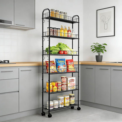 6-Tier Slim Storage Cart with Wheels, Metal 6in Narrow Rolling Shelf, Sturdy Slim Storage with Hooks Ideal for Kitchen, Bathroom, and Laundry Room, Yellow