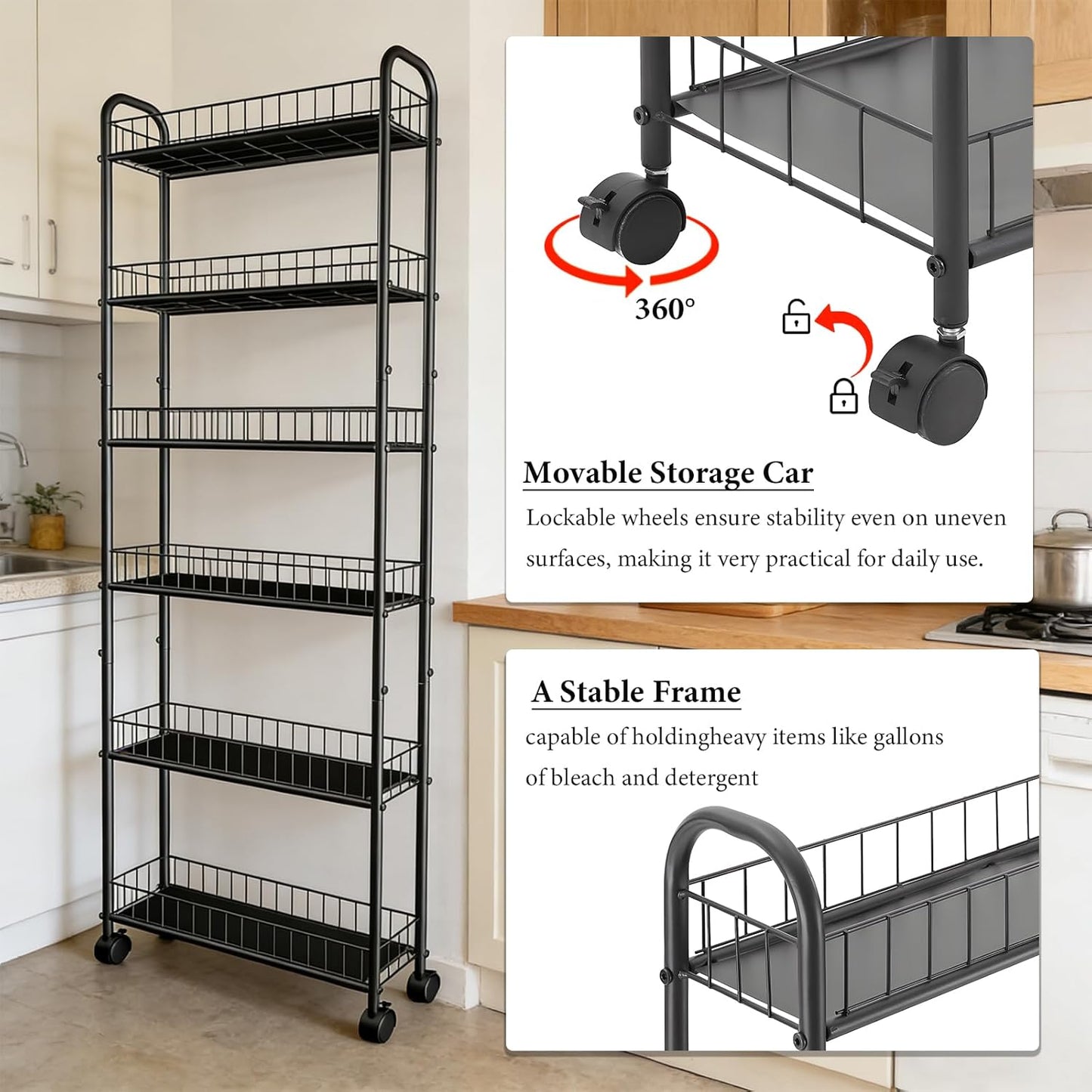 6-Tier Slim Storage Cart with Wheels, Metal 6in Narrow Rolling Shelf, Sturdy Slim Storage with Hooks Ideal for Kitchen, Bathroom, and Laundry Room, Yellow