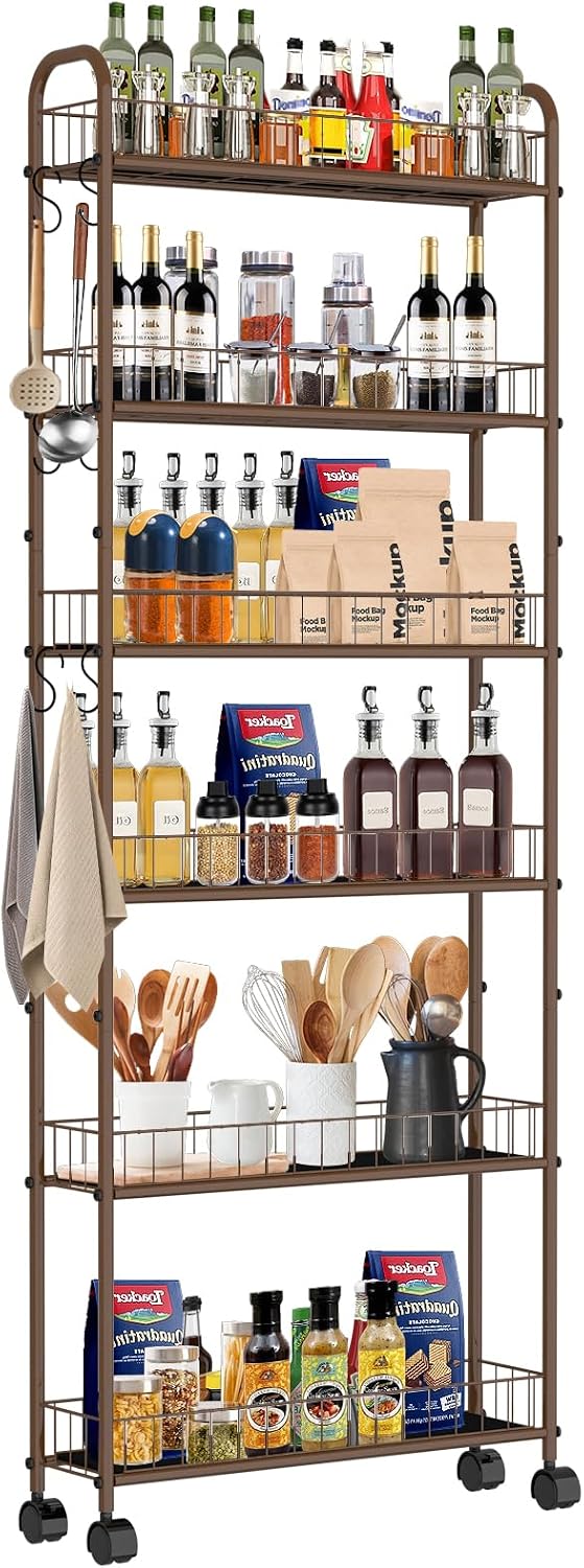 6-Tier Slim Storage Cart with Wheels, Metal 6in Narrow Rolling Shelf, Sturdy Slim Storage with Hooks Ideal for Kitchen, Bathroom, and Laundry Room, Yellow