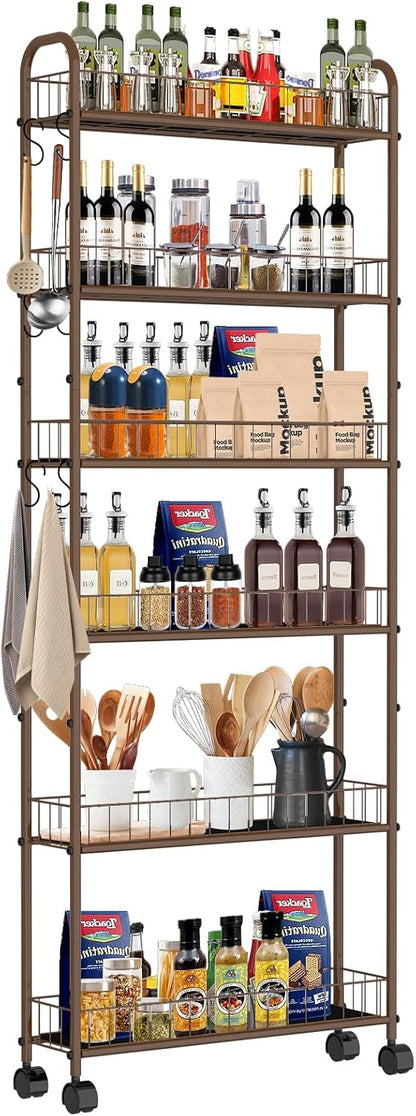 6-Tier Slim Storage Cart with Wheels, Metal 6in Narrow Rolling Shelf, Sturdy Slim Storage with Hooks Ideal for Kitchen, Bathroom, and Laundry Room, Yellow