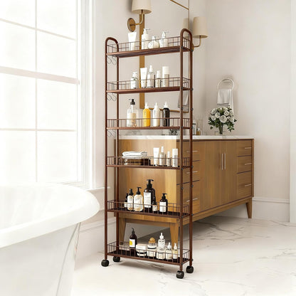 6-Tier Slim Storage Cart with Wheels, Metal 6in Narrow Rolling Shelf, Sturdy Slim Storage with Hooks Ideal for Kitchen, Bathroom, and Laundry Room, Yellow