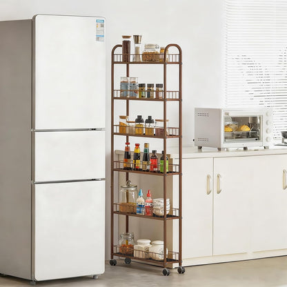 6-Tier Slim Storage Cart with Wheels, Metal 6in Narrow Rolling Shelf, Sturdy Slim Storage with Hooks Ideal for Kitchen, Bathroom, and Laundry Room, Yellow