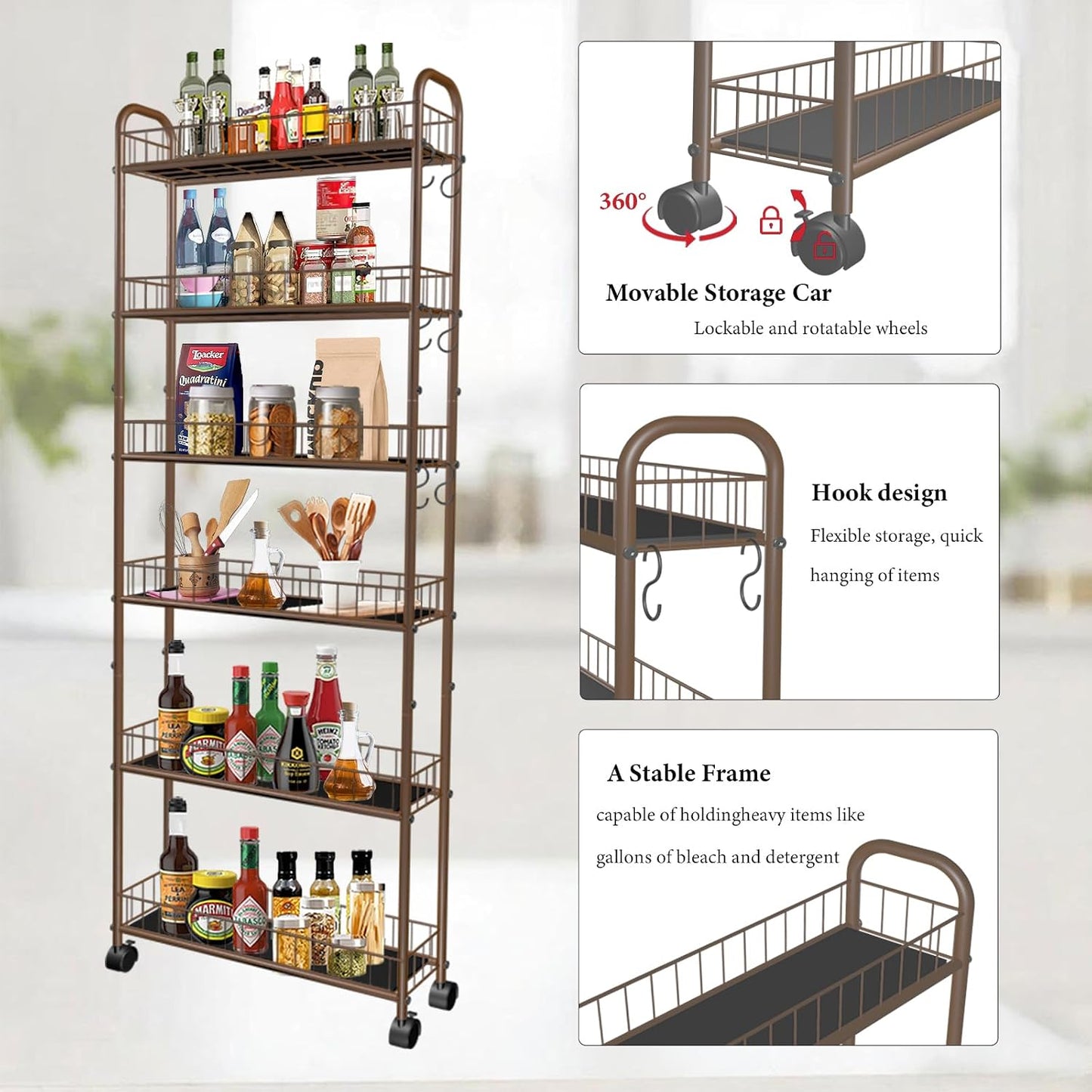 6-Tier Slim Storage Cart with Wheels, Metal 6in Narrow Rolling Shelf, Sturdy Slim Storage with Hooks Ideal for Kitchen, Bathroom, and Laundry Room, Yellow