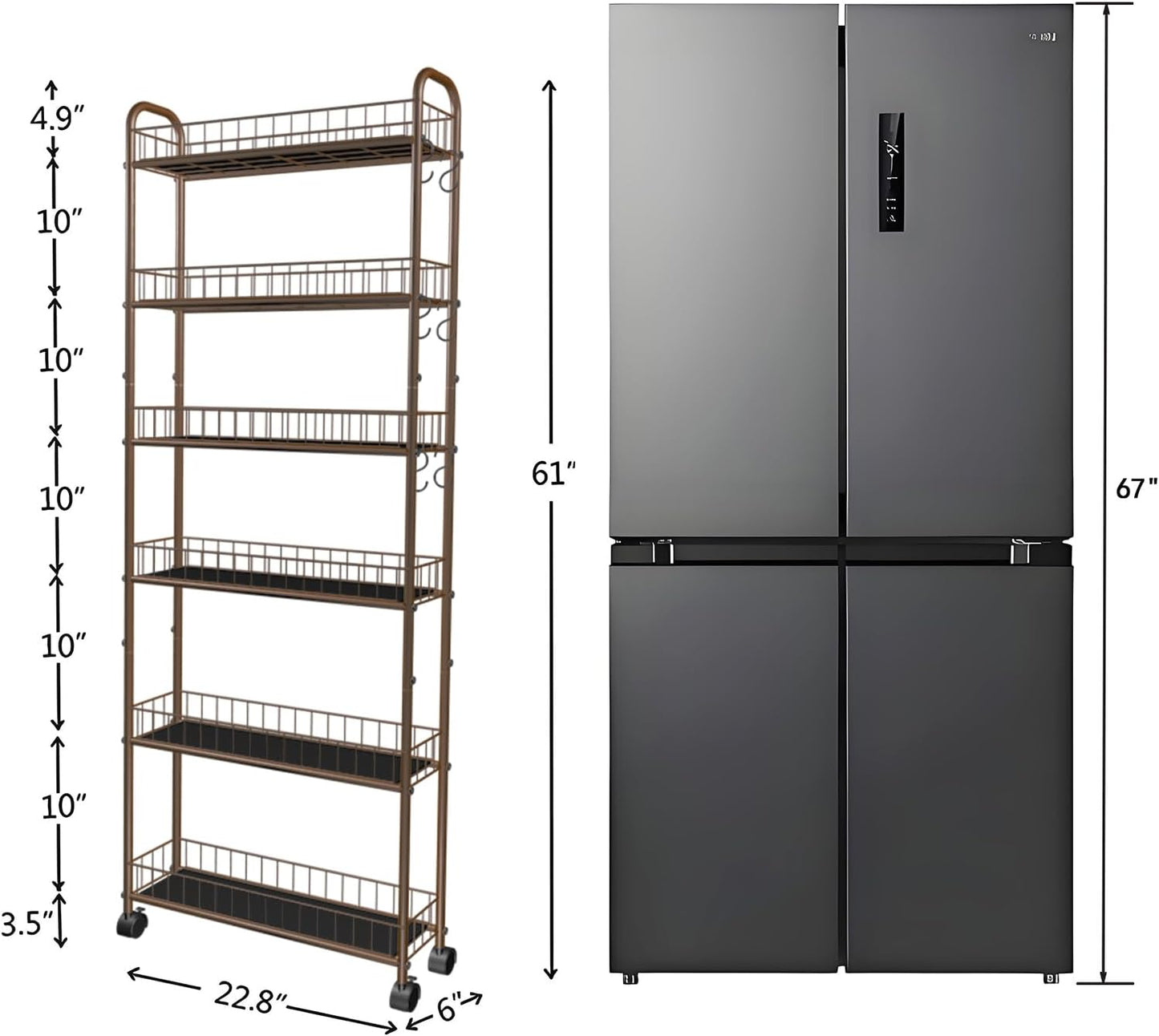 6-Tier Slim Storage Cart with Wheels, Metal 6in Narrow Rolling Shelf, Sturdy Slim Storage with Hooks Ideal for Kitchen, Bathroom, and Laundry Room, Yellow