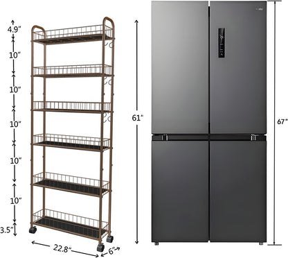 6-Tier Slim Storage Cart with Wheels, Metal 6in Narrow Rolling Shelf, Sturdy Slim Storage with Hooks Ideal for Kitchen, Bathroom, and Laundry Room, Yellow