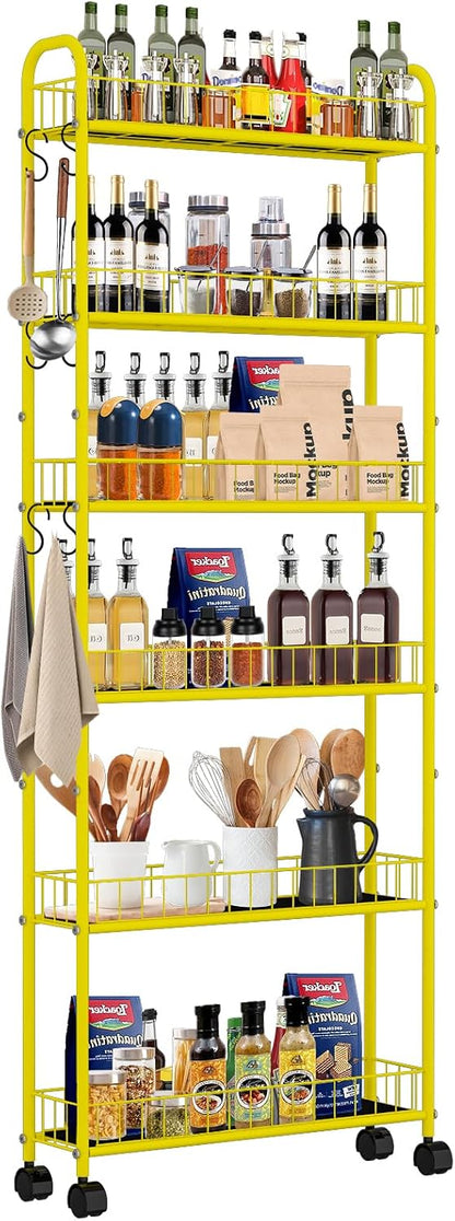 6-Tier Slim Storage Cart with Wheels, Metal 6in Narrow Rolling Shelf, Sturdy Slim Storage with Hooks Ideal for Kitchen, Bathroom, and Laundry Room, Yellow