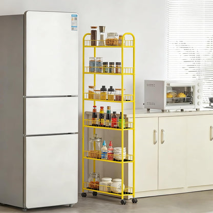 6-Tier Slim Storage Cart with Wheels, Metal 6in Narrow Rolling Shelf, Sturdy Slim Storage with Hooks Ideal for Kitchen, Bathroom, and Laundry Room, Yellow
