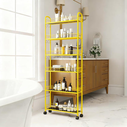 6-Tier Slim Storage Cart with Wheels, Metal 6in Narrow Rolling Shelf, Sturdy Slim Storage with Hooks Ideal for Kitchen, Bathroom, and Laundry Room, Yellow