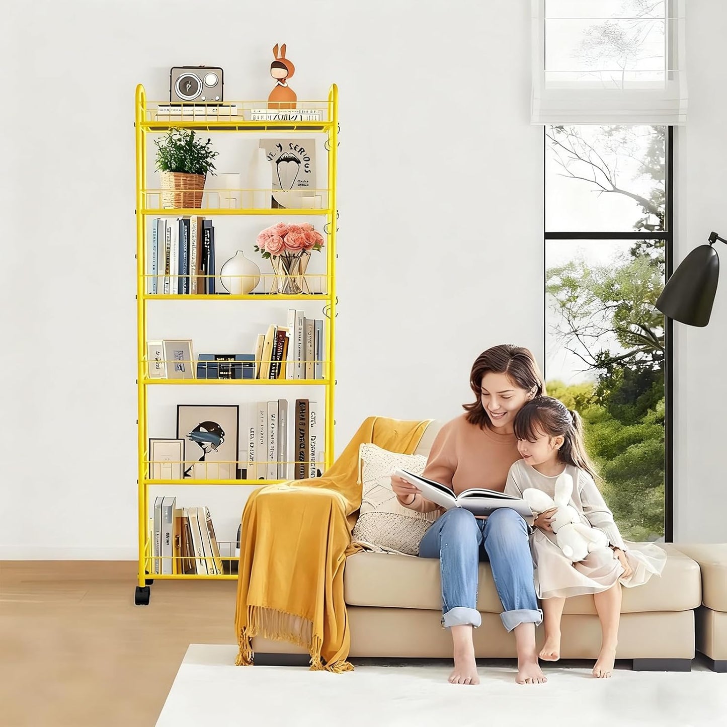 6-Tier Slim Storage Cart with Wheels, Metal 6in Narrow Rolling Shelf, Sturdy Slim Storage with Hooks Ideal for Kitchen, Bathroom, and Laundry Room, Yellow
