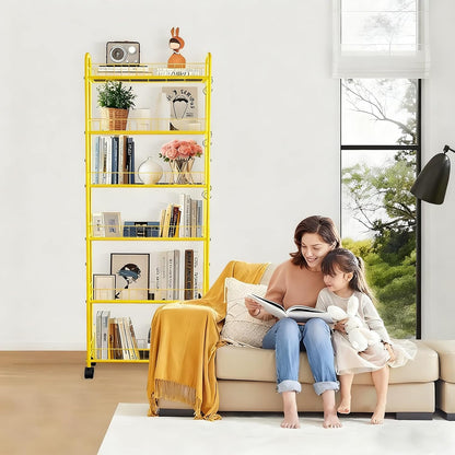 6-Tier Slim Storage Cart with Wheels, Metal 6in Narrow Rolling Shelf, Sturdy Slim Storage with Hooks Ideal for Kitchen, Bathroom, and Laundry Room, Yellow