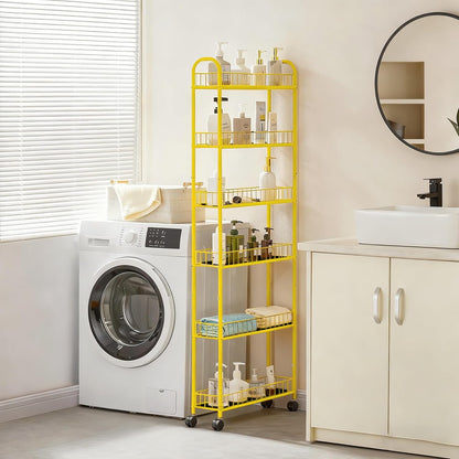 6-Tier Slim Storage Cart with Wheels, Metal 6in Narrow Rolling Shelf, Sturdy Slim Storage with Hooks Ideal for Kitchen, Bathroom, and Laundry Room, Yellow